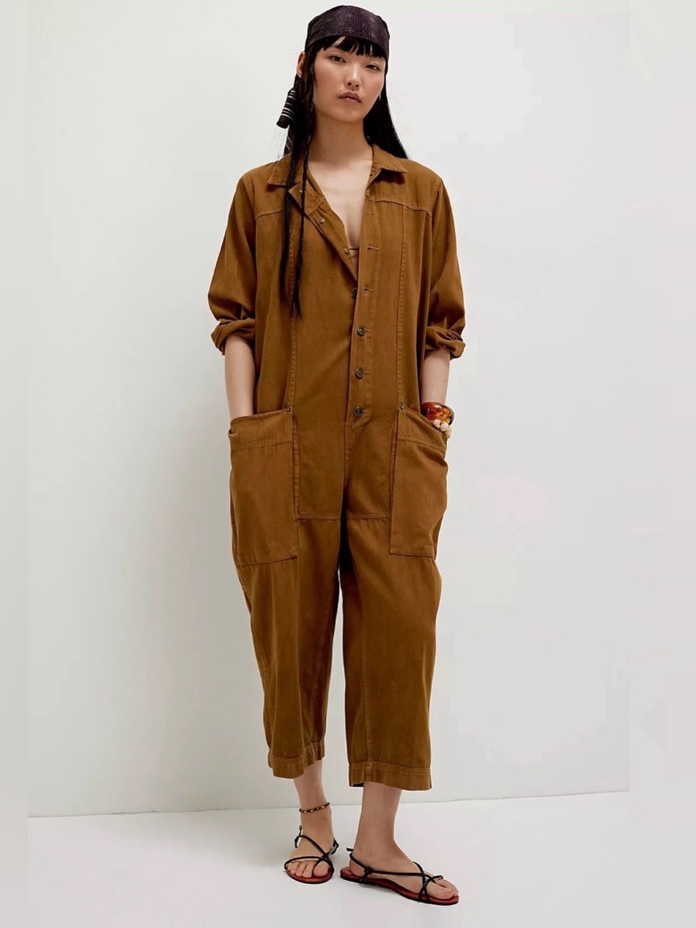 Free People We The Free Margarita Utility Denim Jumpsuit size L Brown
